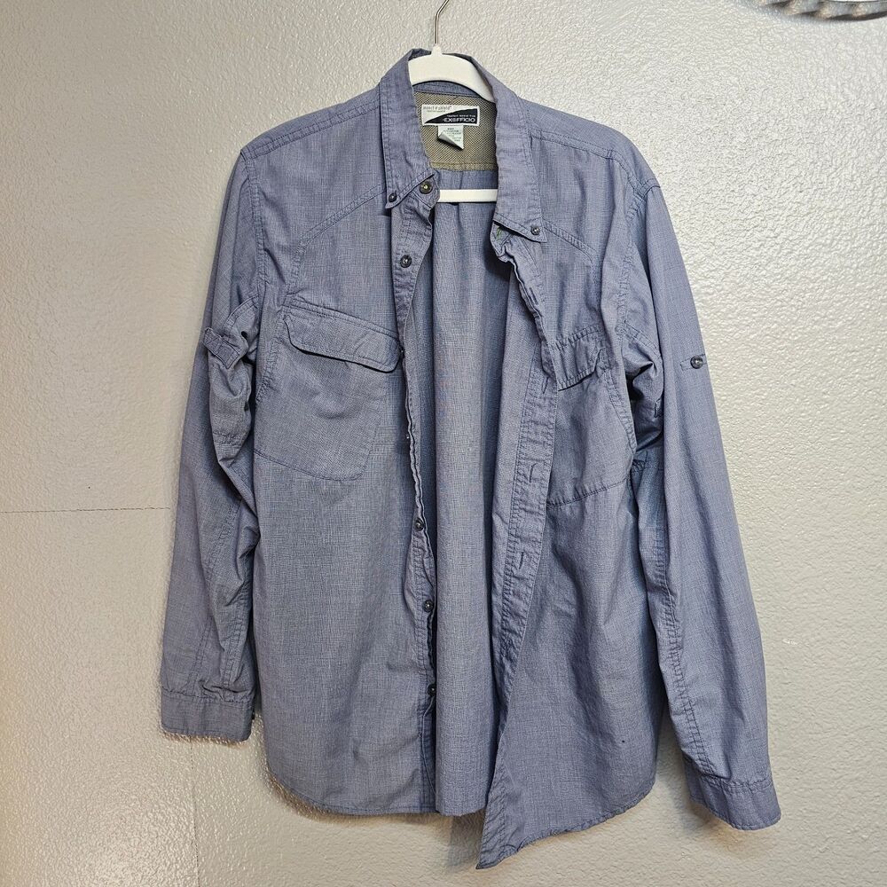 ExOfficio Insect Shield Men’s L Blue Travel Hiking Safari Utility Shirt GG808